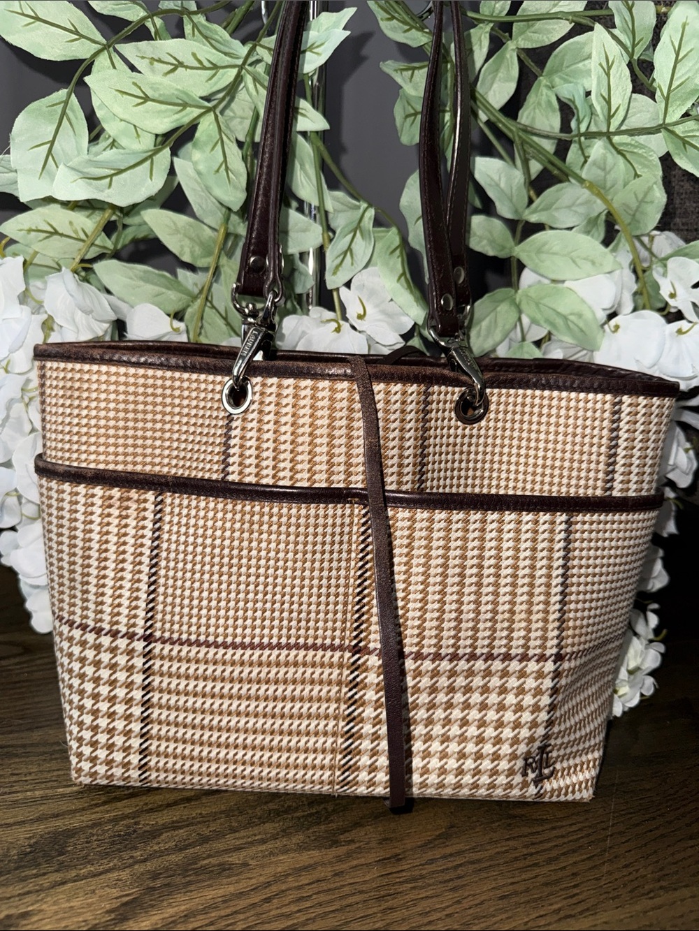 Brown Plaid Tote Bag with Dark Brown Trim